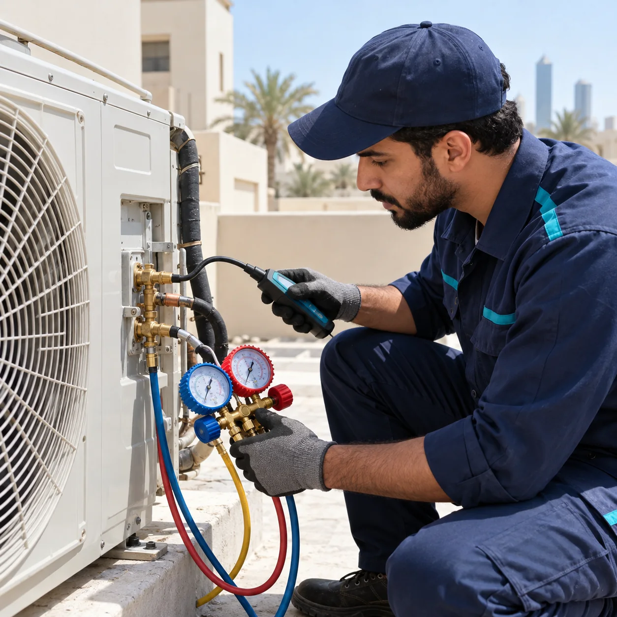 فني يفحص تسريب غاز التكييف باستخدام مقياس ضغط فني يفحص تسريب غاز التكييف باستخدام مقياس ضغط